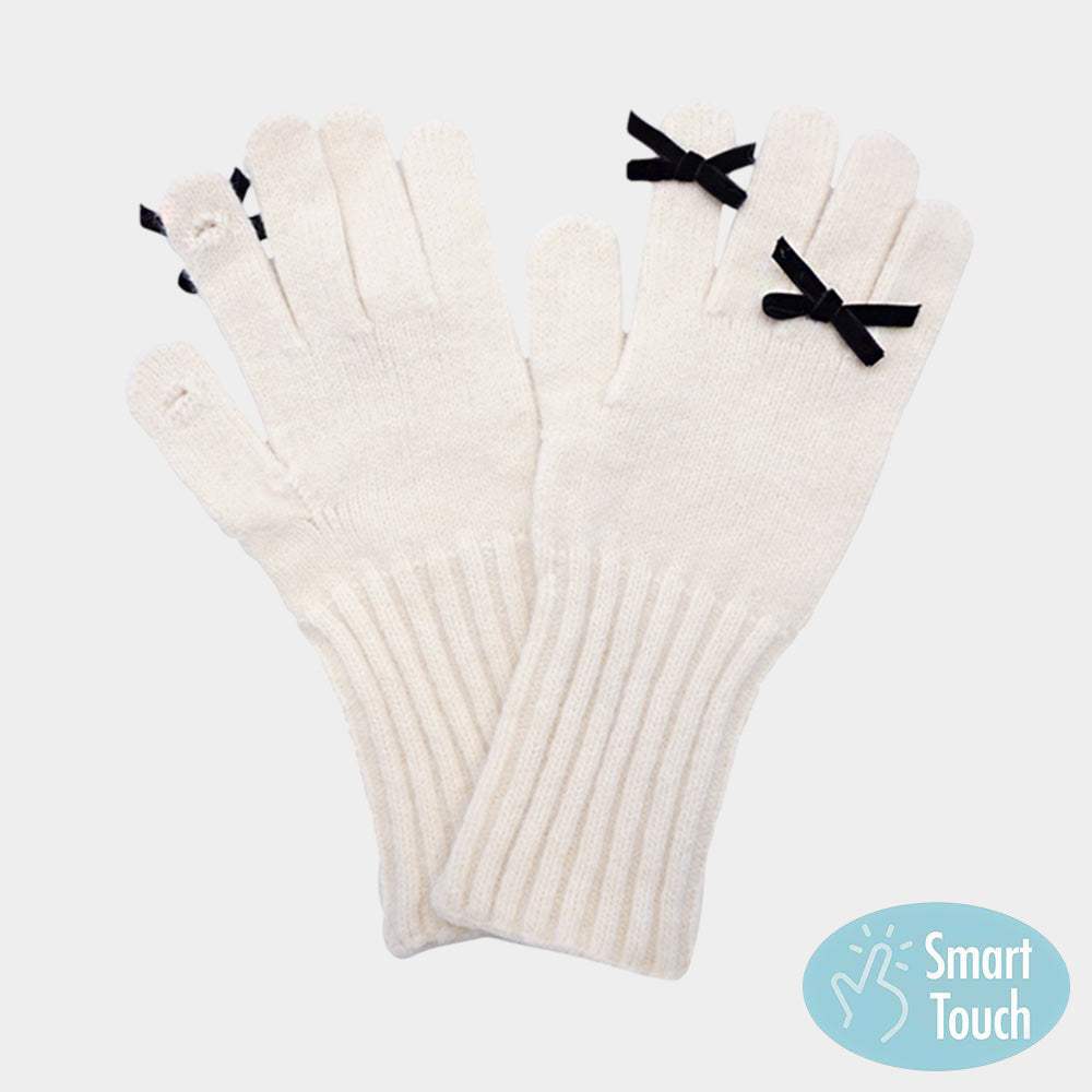 Bow Accent Ribbed Knit Smart Touch Gloves - Madeline Love - Flyclothing LLC