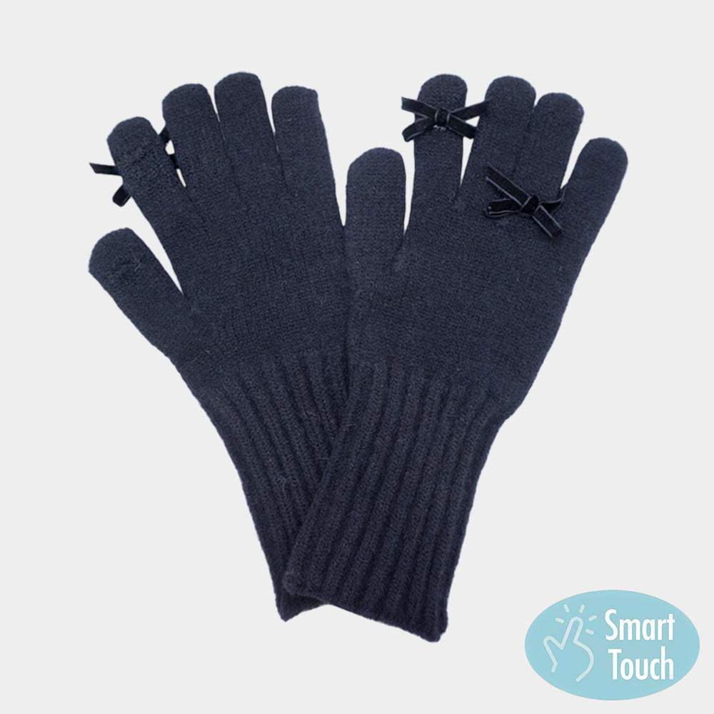 Bow Accent Ribbed Knit Smart Touch Gloves - Madeline Love - Flyclothing LLC