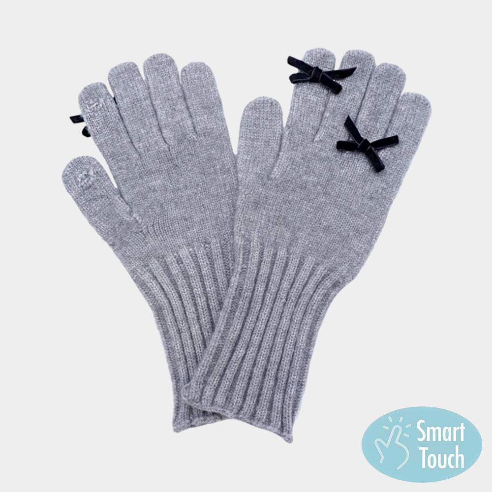 Bow Accent Ribbed Knit Smart Touch Gloves - Madeline Love - Flyclothing LLC