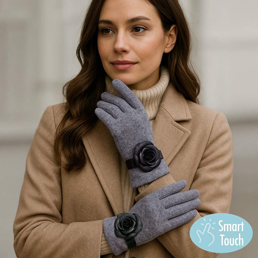 Faux Leather Flower Accent Elegant Smart Touch Gloves - Madeline Love - Flyclothing LLC