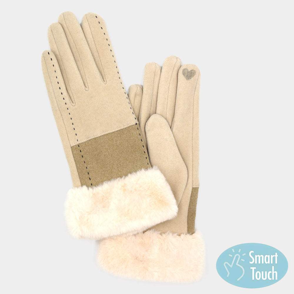 Two Tone And Stitch Lines Faux Fur Cuff Smart Touch Gloves - Madeline Love - Flyclothing LLC