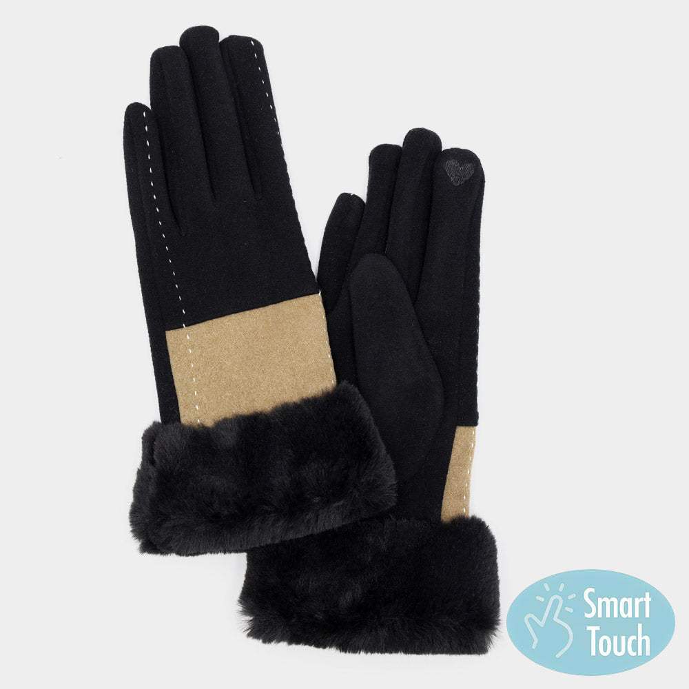 Two Tone And Stitch Lines Faux Fur Cuff Smart Touch Gloves - Madeline Love - Flyclothing LLC