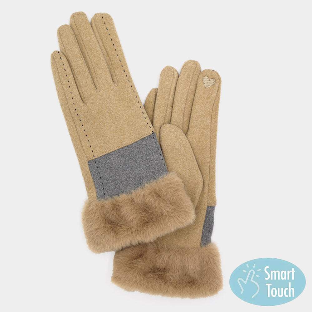 Two Tone And Stitch Lines Faux Fur Cuff Smart Touch Gloves - Madeline Love - Flyclothing LLC