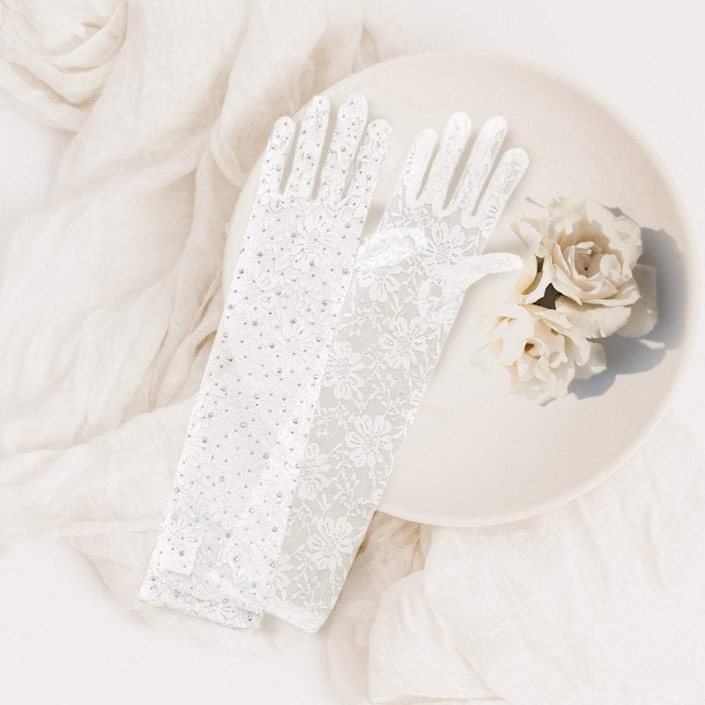 Stone Embellished Floral Lace Dressy Long Wedding Gloves - Madeline Love - Flyclothing LLC