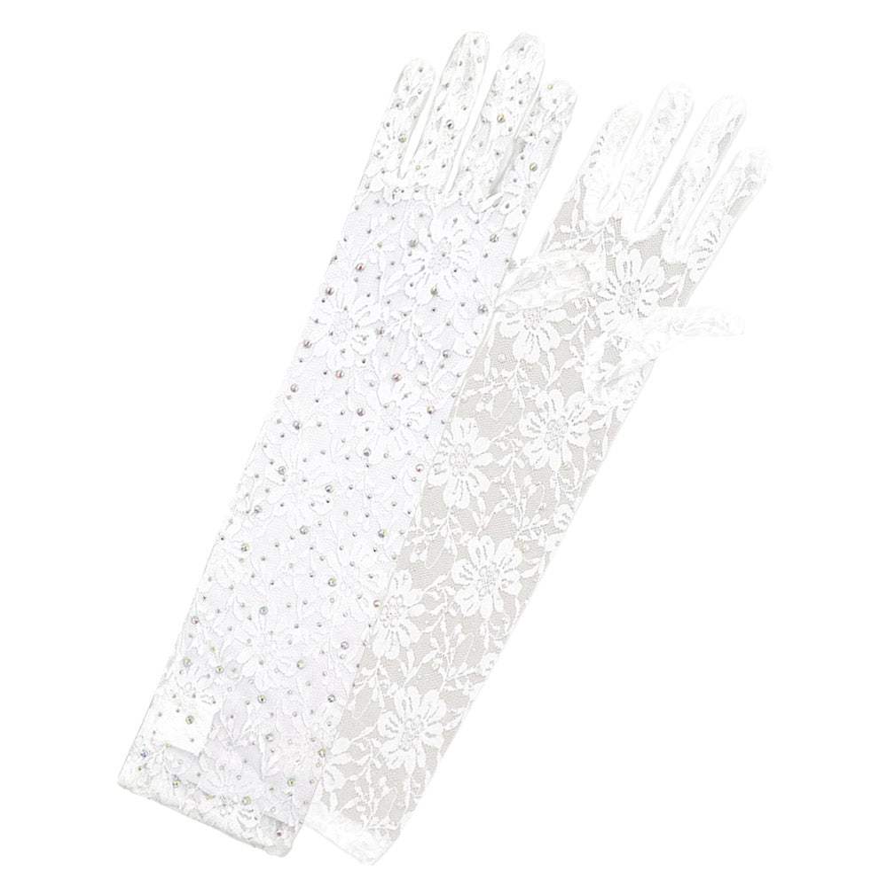 Stone Embellished Floral Lace Dressy Long Wedding Gloves - Madeline Love - Flyclothing LLC