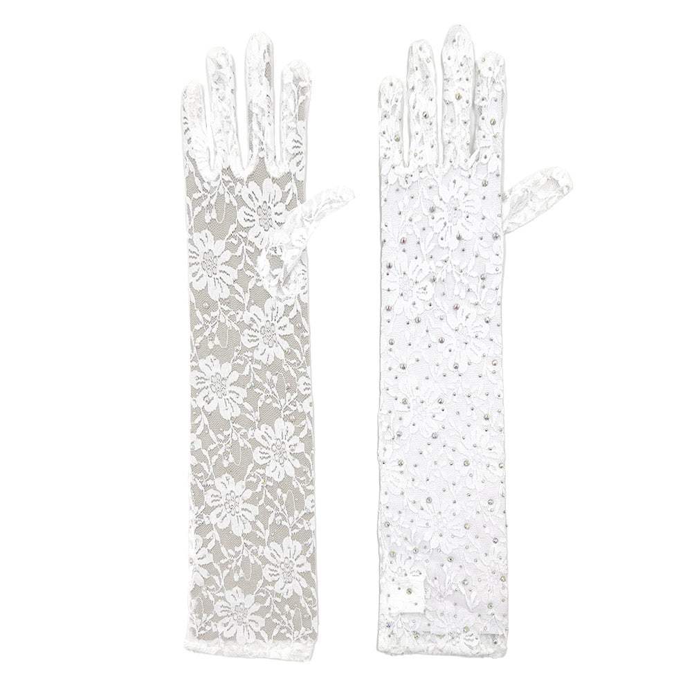 Stone Embellished Floral Lace Dressy Long Wedding Gloves - Madeline Love - Flyclothing LLC