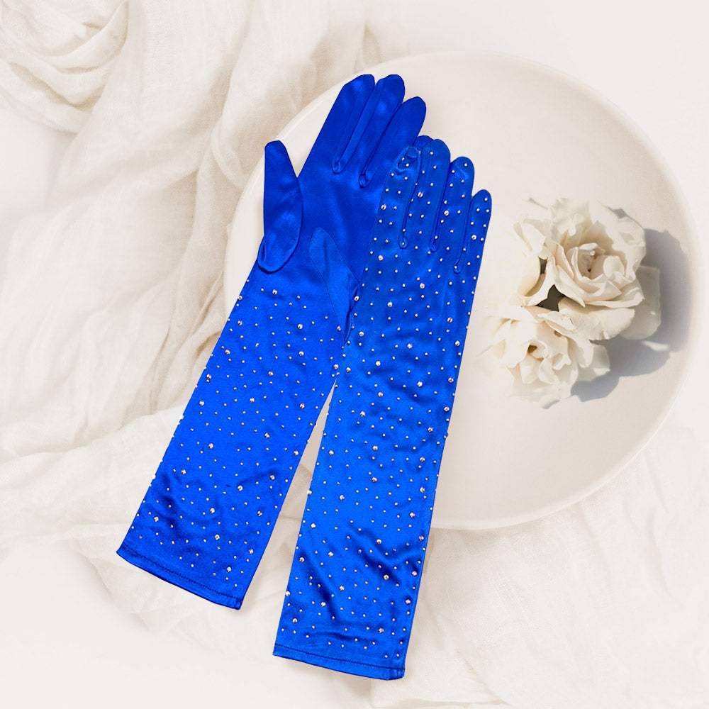 Stone Embellished Dressy Satin Long Wedding Gloves - Madeline Love - Flyclothing LLC