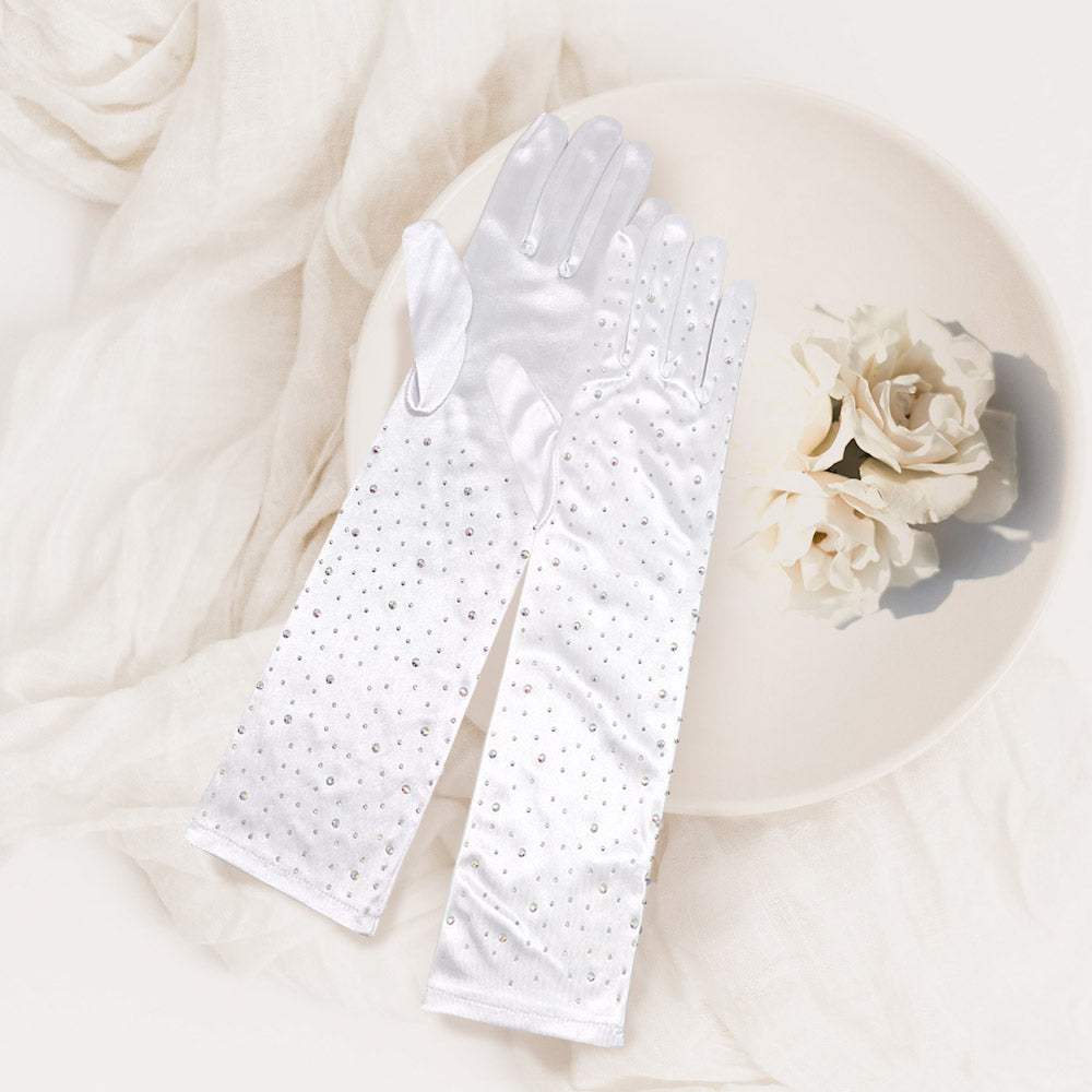 Stone Embellished Dressy Satin Long Wedding Gloves - Madeline Love - Flyclothing LLC