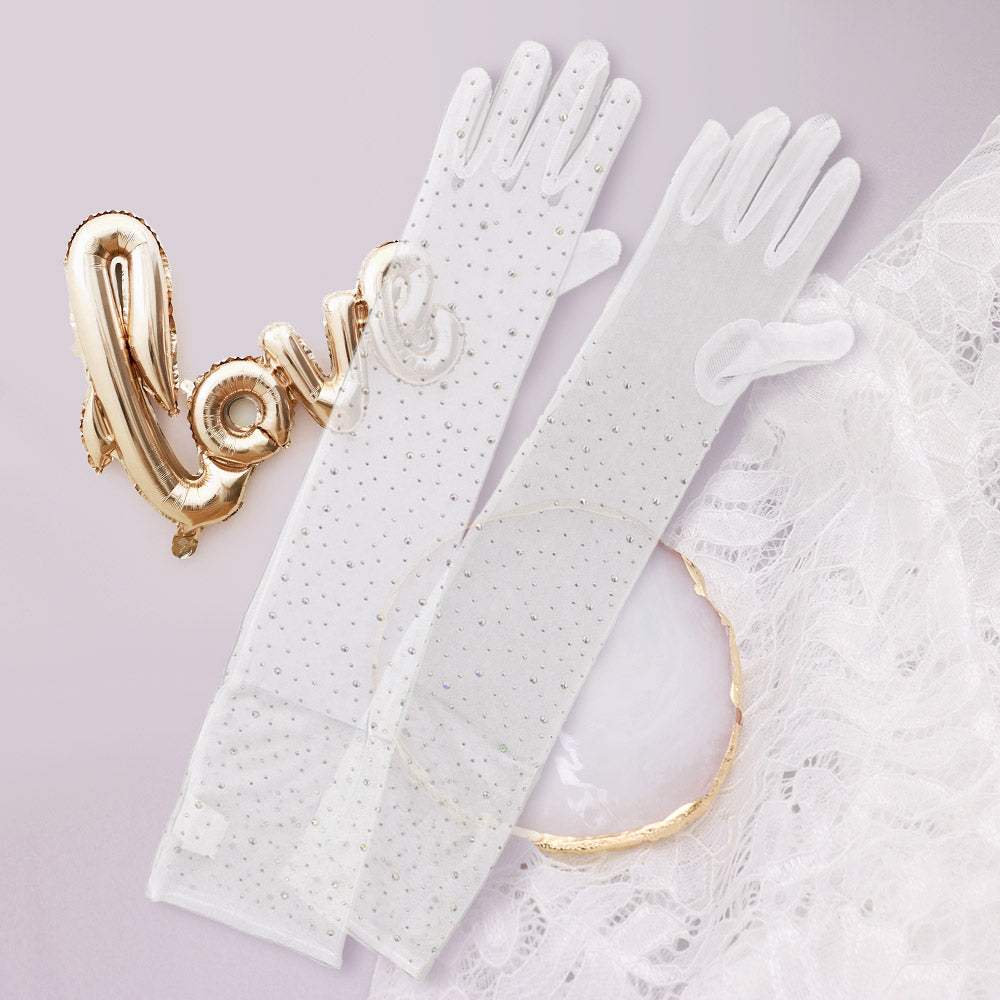 Stone Embellished Dressy Mesh Long Wedding Gloves - Madeline Love - Flyclothing LLC