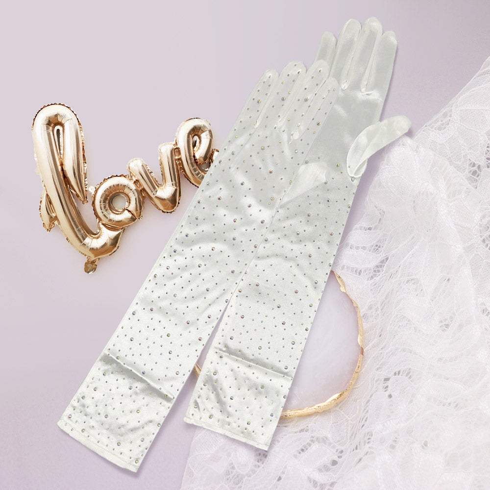 Stone Embellished Dressy Satin Long Wedding Gloves - Madeline Love - Flyclothing LLC