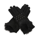 Faux Fur Cuff Pom Rhinestone Embellished Smart Touch Winter Gloves - Madeline Love - Flyclothing LLC