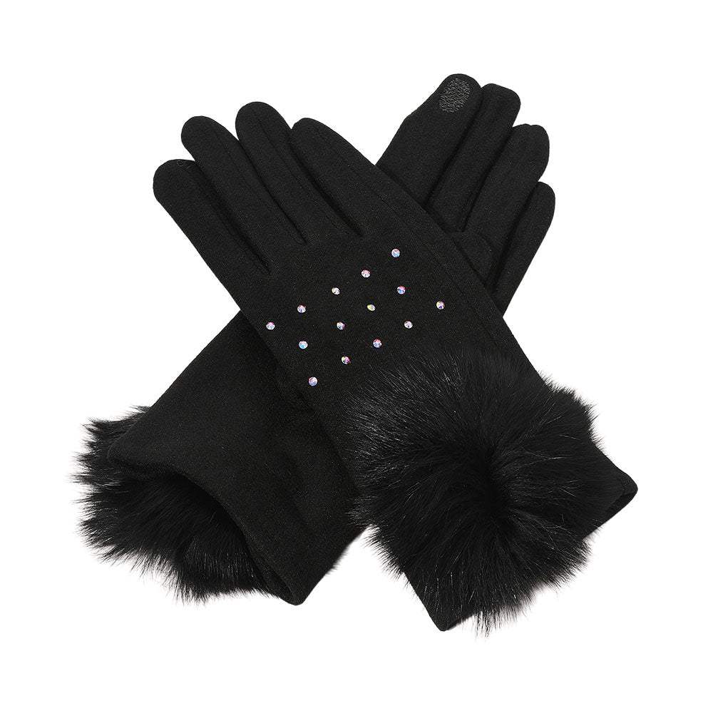 Faux Fur Cuff Pom Rhinestone Embellished Smart Touch Winter Gloves - Madeline Love - Flyclothing LLC
