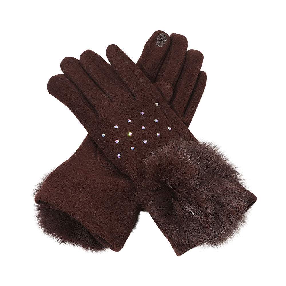 Faux Fur Cuff Pom Rhinestone Embellished Smart Touch Winter Gloves - Madeline Love - Flyclothing LLC