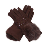 Faux Fur Cuff Pom Rhinestone Embellished Smart Touch Winter Gloves - Madeline Love - Flyclothing LLC