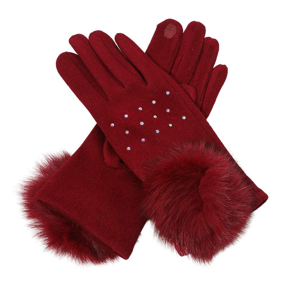Faux Fur Cuff Pom Rhinestone Embellished Smart Touch Winter Gloves - Madeline Love - Flyclothing LLC