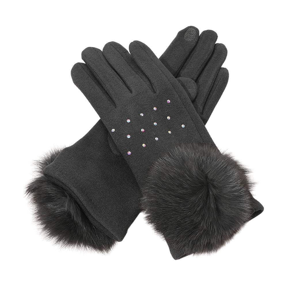 Faux Fur Cuff Pom Rhinestone Embellished Smart Touch Winter Gloves - Madeline Love - Flyclothing LLC