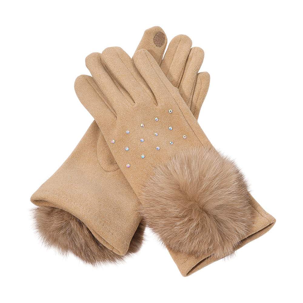 Faux Fur Cuff Pom Rhinestone Embellished Smart Touch Winter Gloves - Madeline Love - Flyclothing LLC