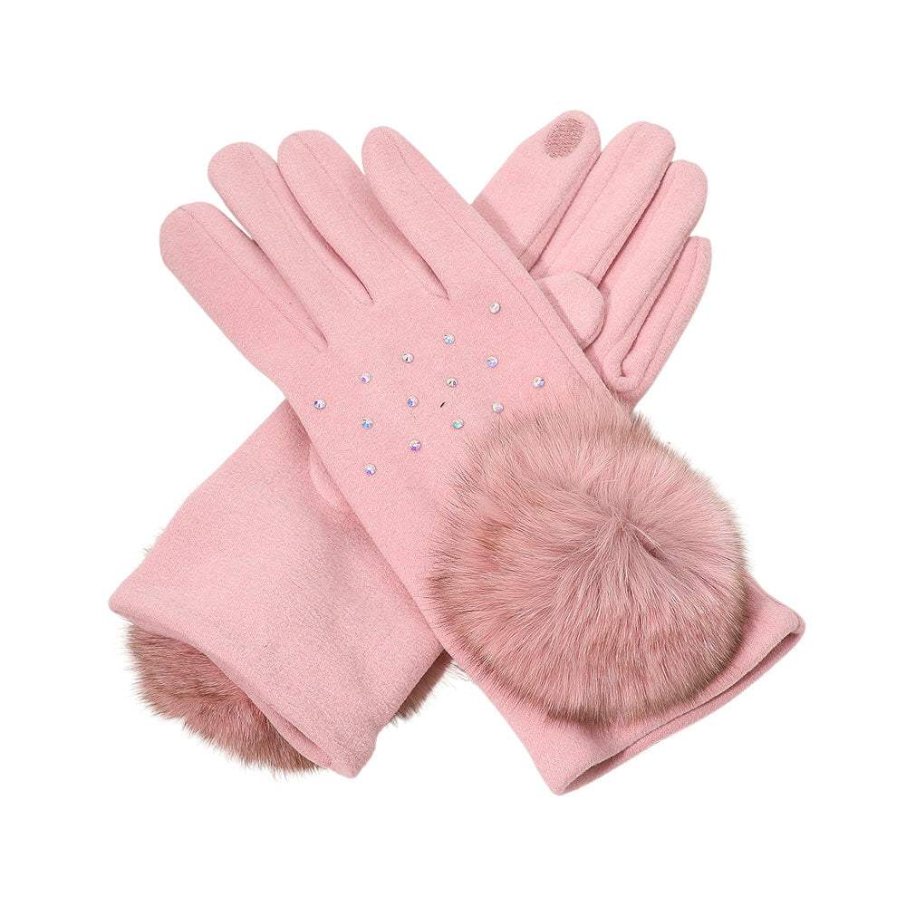Faux Fur Cuff Pom Rhinestone Embellished Smart Touch Winter Gloves - Madeline Love - Flyclothing LLC