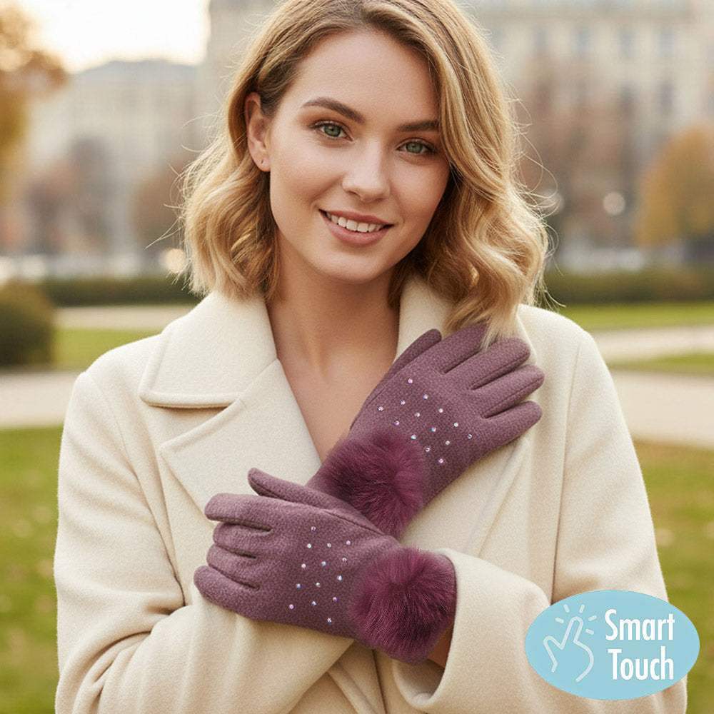 Faux Fur Cuff Pom Rhinestone Embellished Smart Touch Winter Gloves - Madeline Love - Flyclothing LLC