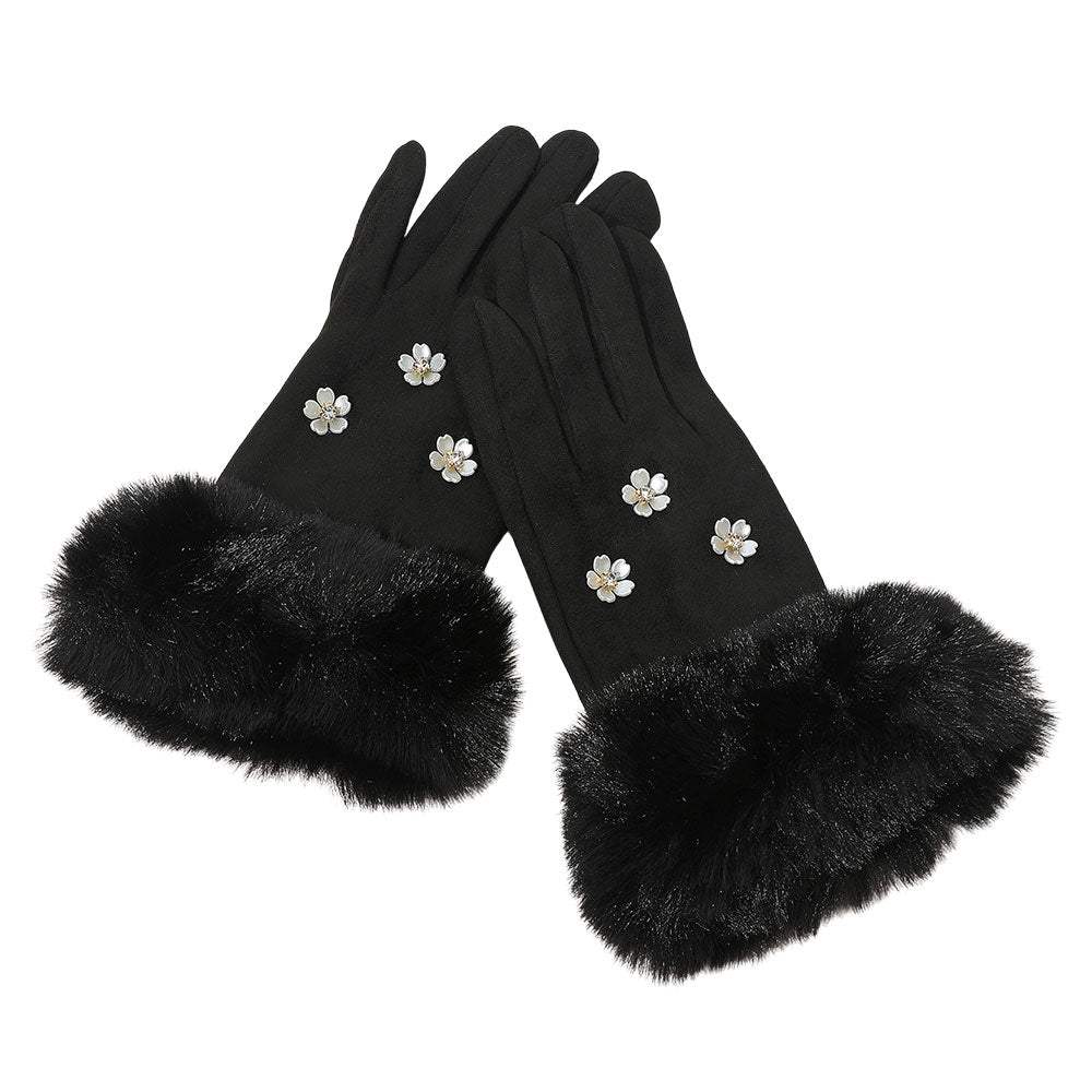 Rhinestone Flower Embellished Faux Fur Cuff Smart Touch Winter Gloves - Madeline Love - Flyclothing LLC