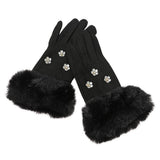 Rhinestone Flower Embellished Faux Fur Cuff Smart Touch Winter Gloves - Madeline Love - Flyclothing LLC