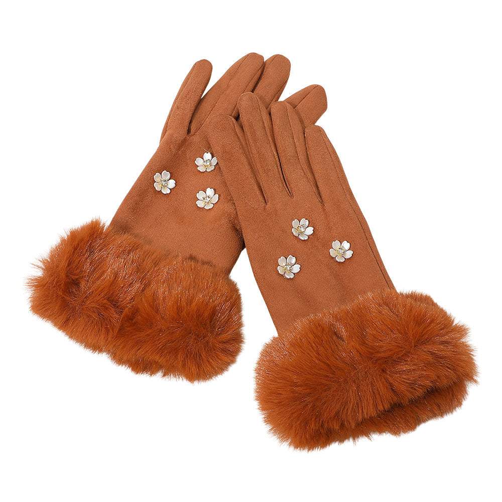 Rhinestone Flower Embellished Faux Fur Cuff Smart Touch Winter Gloves - Madeline Love - Flyclothing LLC