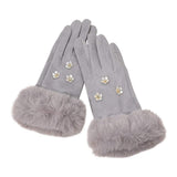 Rhinestone Flower Embellished Faux Fur Cuff Smart Touch Winter Gloves - Madeline Love - Flyclothing LLC