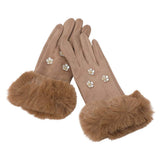 Rhinestone Flower Embellished Faux Fur Cuff Smart Touch Winter Gloves - Madeline Love - Flyclothing LLC