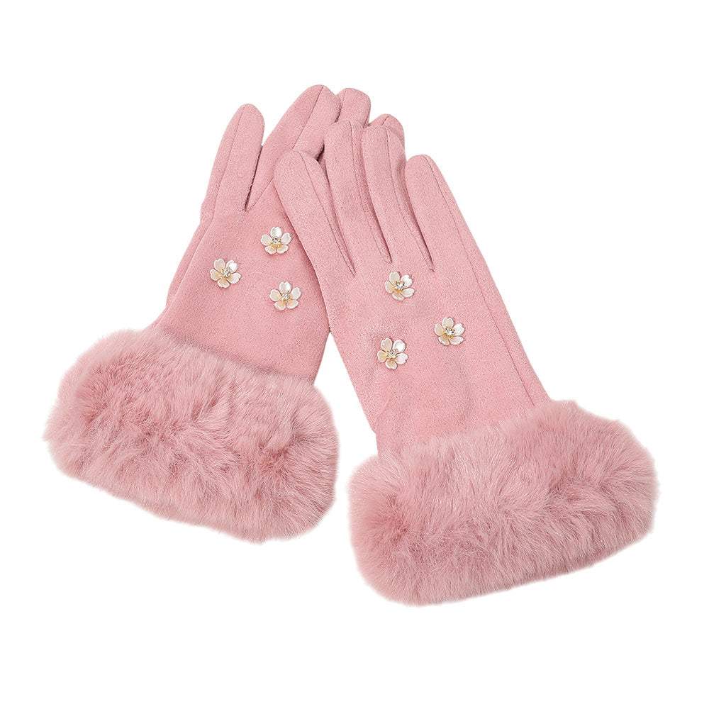 Rhinestone Flower Embellished Faux Fur Cuff Smart Touch Winter Gloves - Madeline Love - Flyclothing LLC