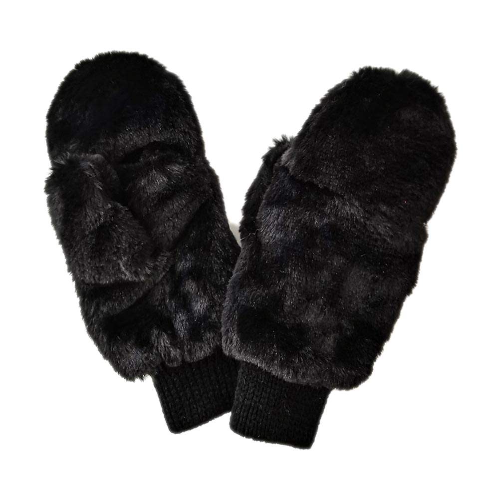Solid Faux Fur Open Up Mitten Gloves - Madeline Love - Flyclothing LLC