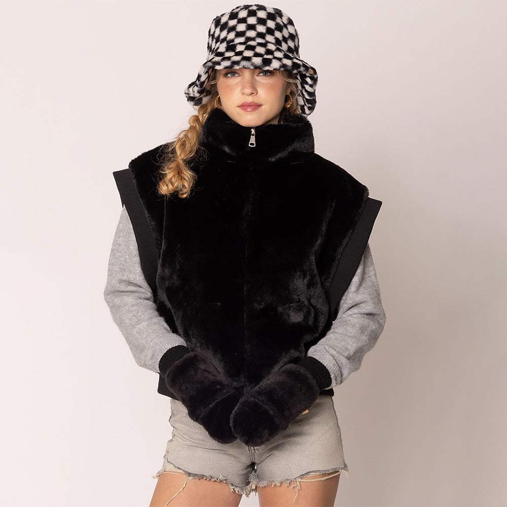 Solid Faux Fur Open Up Mitten Gloves - Madeline Love - Flyclothing LLC