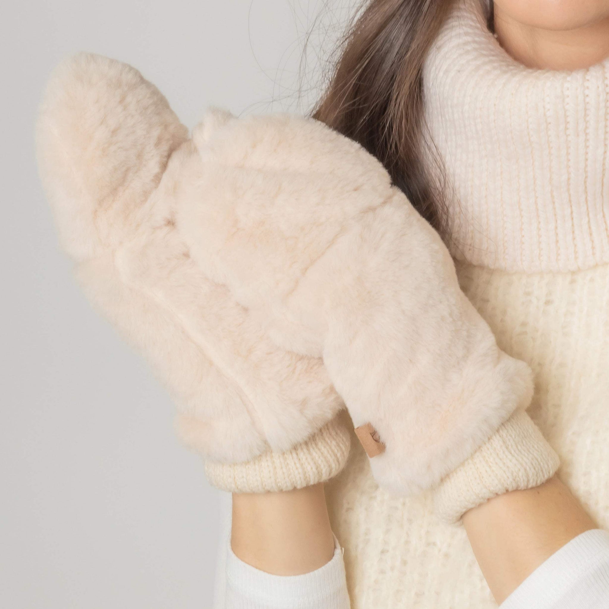 Solid Faux Fur Open Up Mitten Gloves - Madeline Love - Flyclothing LLC