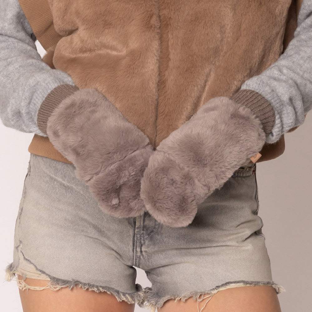 Solid Faux Fur Open Up Mitten Gloves - Madeline Love - Flyclothing LLC