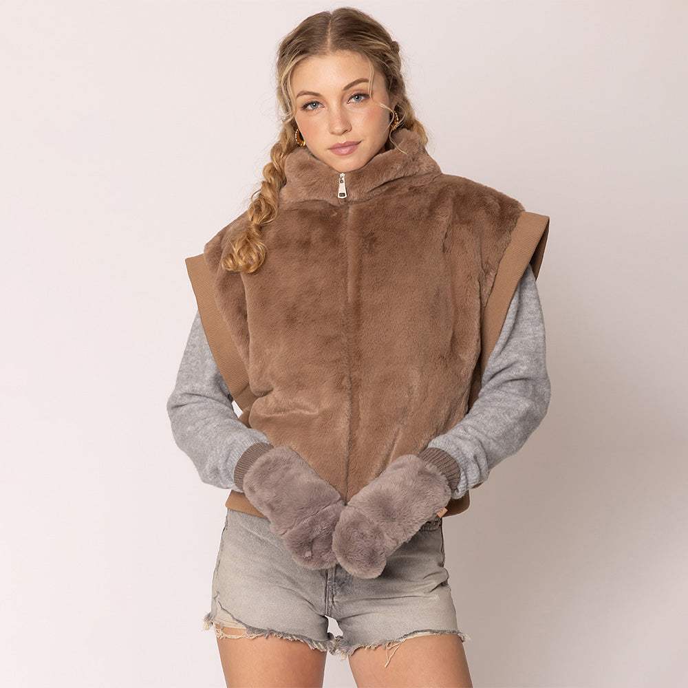 Solid Faux Fur Open Up Mitten Gloves - Madeline Love - Flyclothing LLC