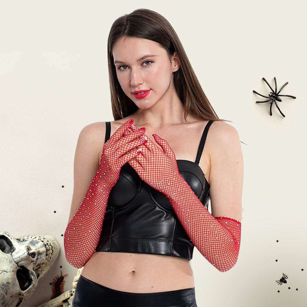 Rhinestone Detailing Red Fishnet Opera Gloves - Madeline Love - Flyclothing LLC