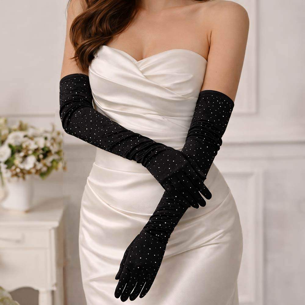 Stone Embellished Dressy Satin Long Wedding Gloves - Madeline Love - Flyclothing LLC