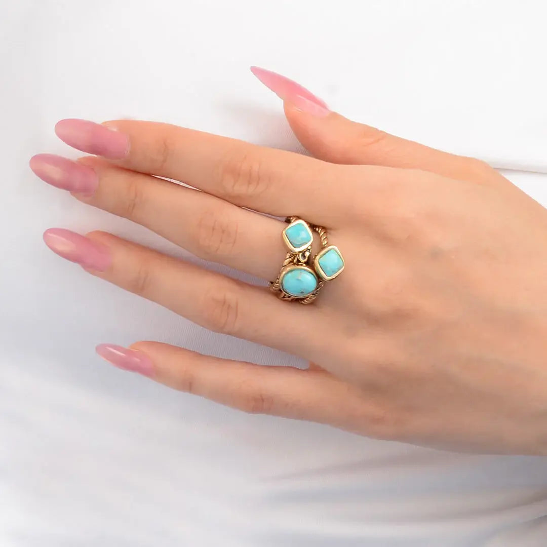 Multi-Shape Blue Turquoise and Golden Trio Ring Set - Barse Jewelry - Flyclothing LLC