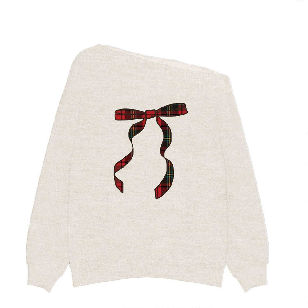 Goodie Two Sleeves Christmas Plaid Bow Off The Shoulder Juniors Sweatshirt - Goodie Two Sleeves - Flyclothing LLC