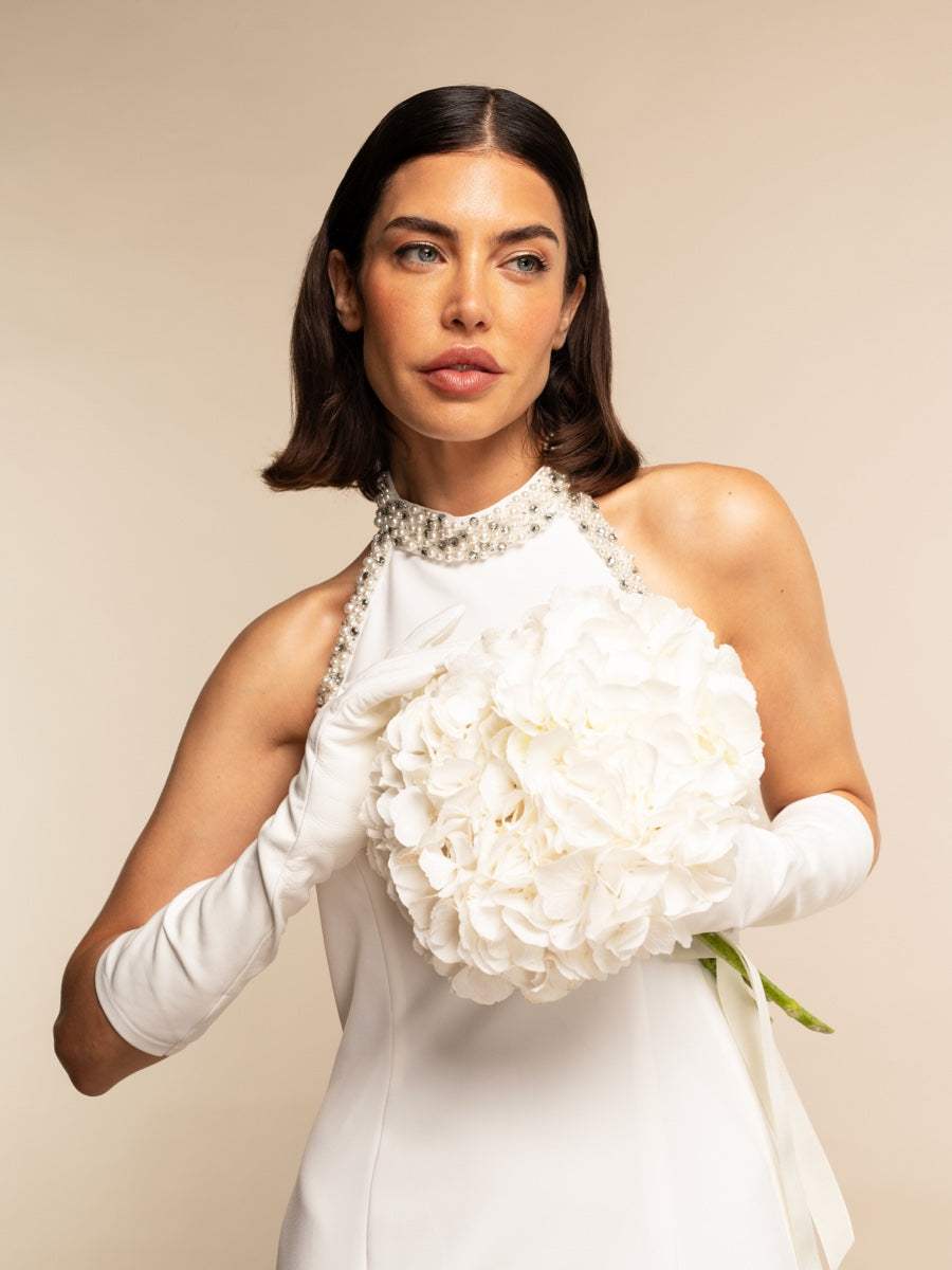 Gabriella (white) - Italian unlined 8-button length leather bridal / opera gloves