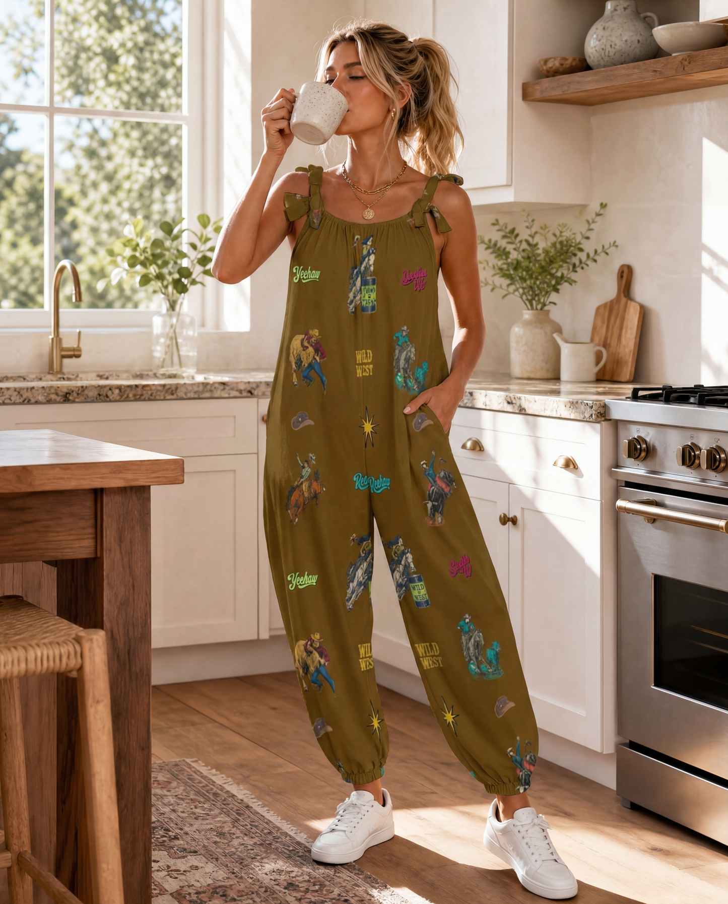 Baha Ranch The Last Roundup Western Rodeo Overalls Jumpsuit Brown