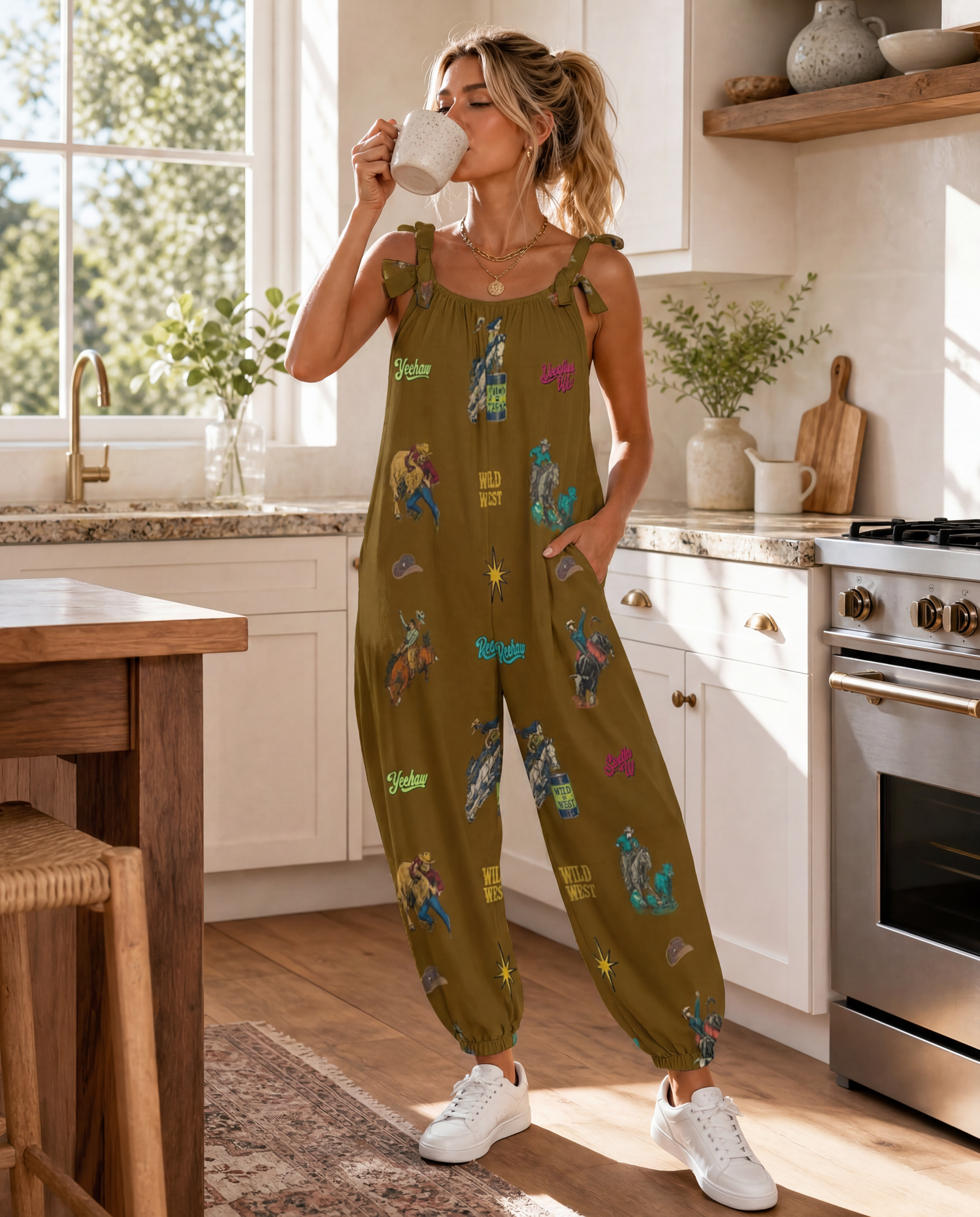 Baha Ranch The Last Roundup Western Rodeo Overalls Jumpsuit Brown