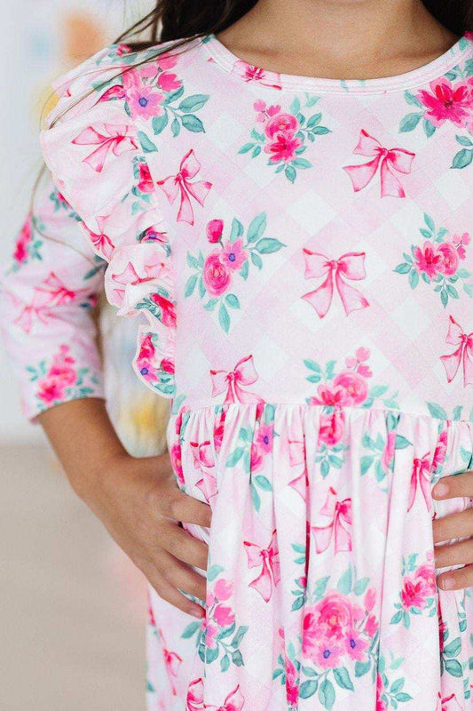 Gingham Bows 3/4 Sleeve Ruffle Twirl Dress - Mila & Rose ® - Flyclothing LLC
