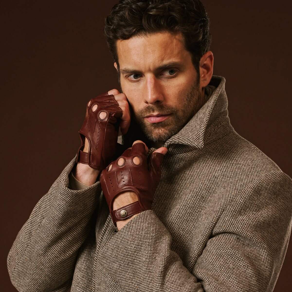 Giuseppe (brown) - Italian lambskin fingerless leather driving gloves - Leather Gloves Online - Flyclothing LLC