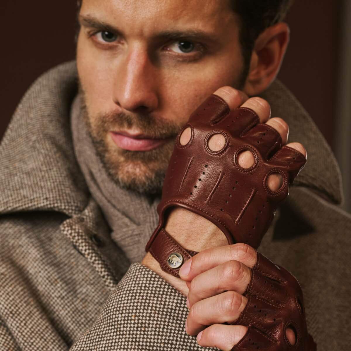 Giuseppe (brown) - Italian lambskin fingerless leather driving gloves - Leather Gloves Online - Flyclothing LLC