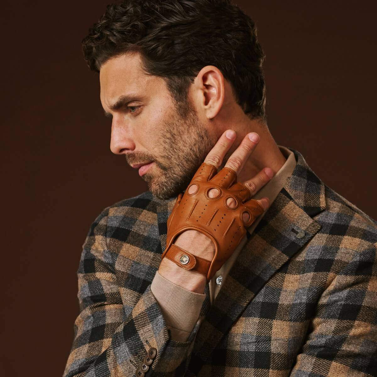 Giuseppe (cognac) - Italian lambskin fingerless leather driving gloves - Leather Gloves Online - Flyclothing LLC