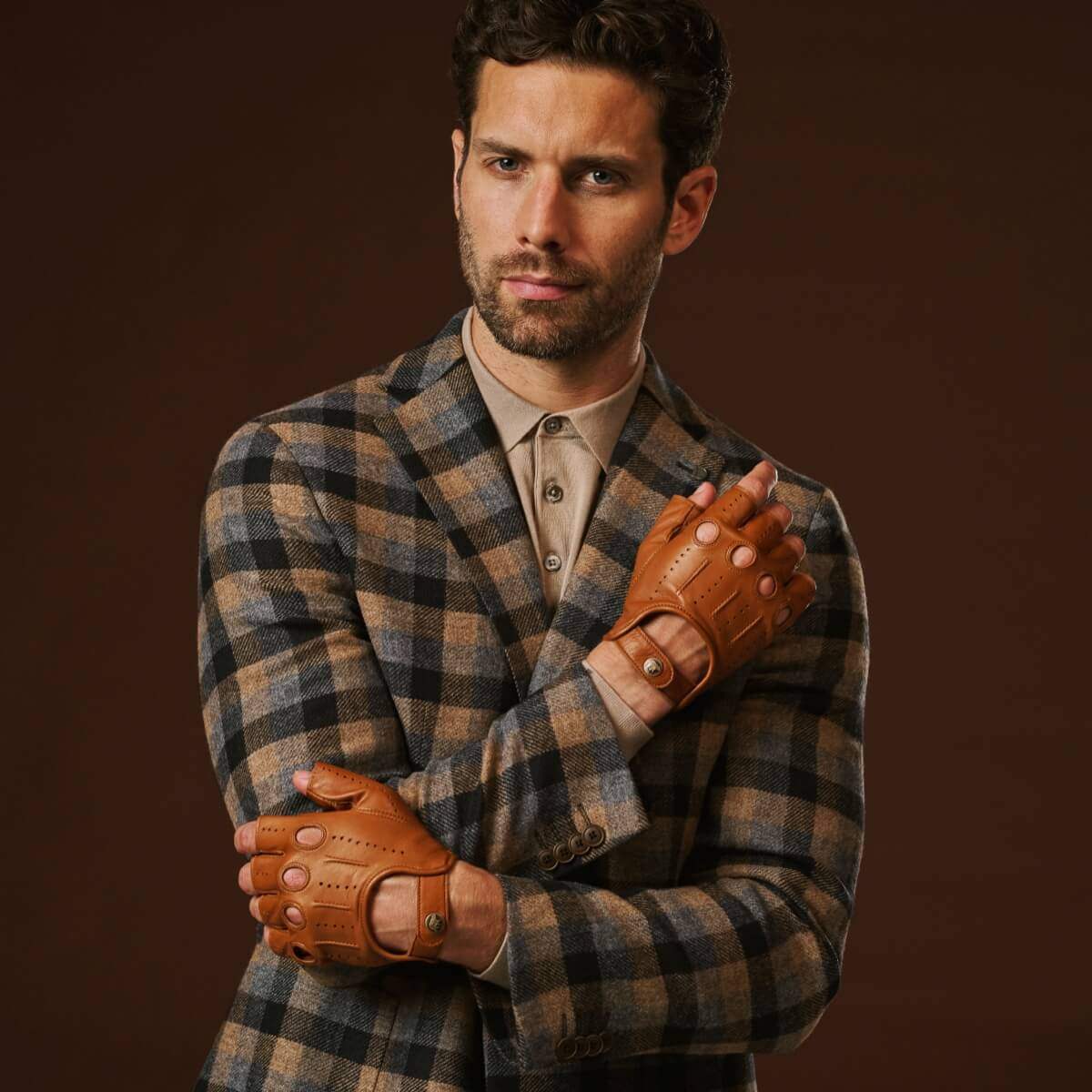 Giuseppe (cognac) - Italian lambskin fingerless leather driving gloves - Leather Gloves Online - Flyclothing LLC