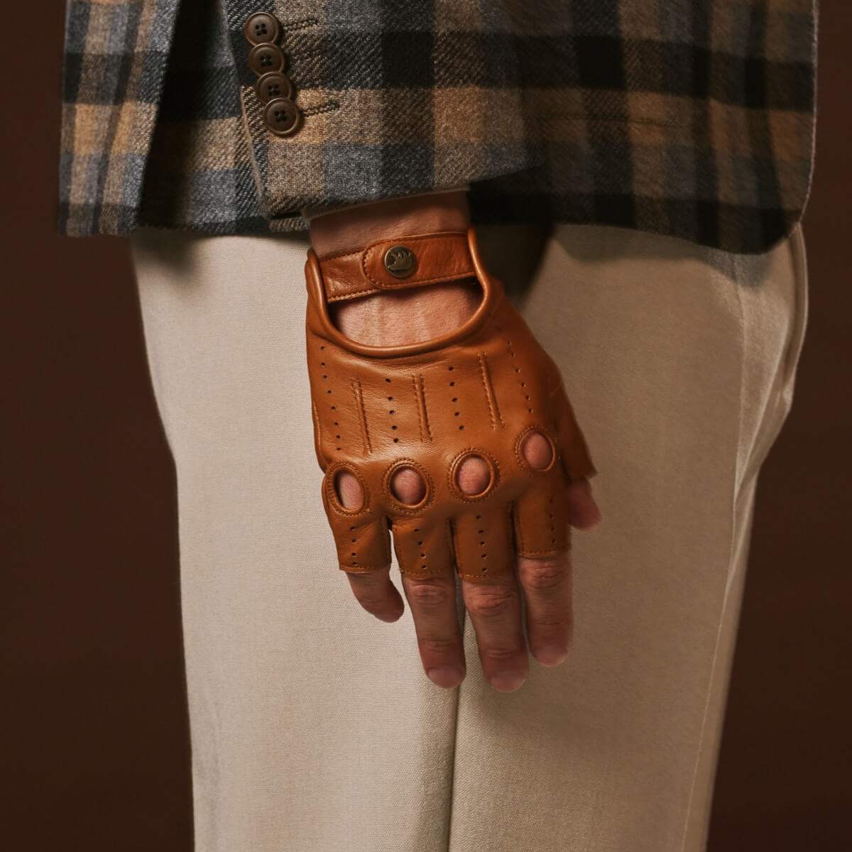 Giuseppe (cognac) - Italian lambskin fingerless leather driving gloves - Leather Gloves Online - Flyclothing LLC