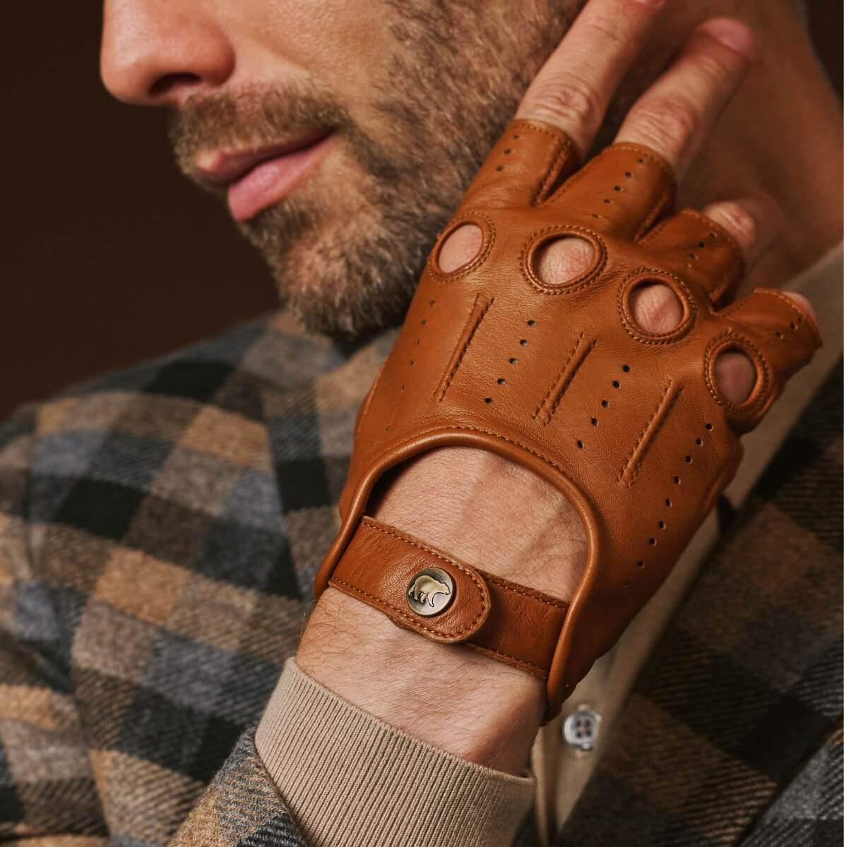 Giuseppe (cognac) - Italian lambskin fingerless leather driving gloves - Leather Gloves Online - Flyclothing LLC