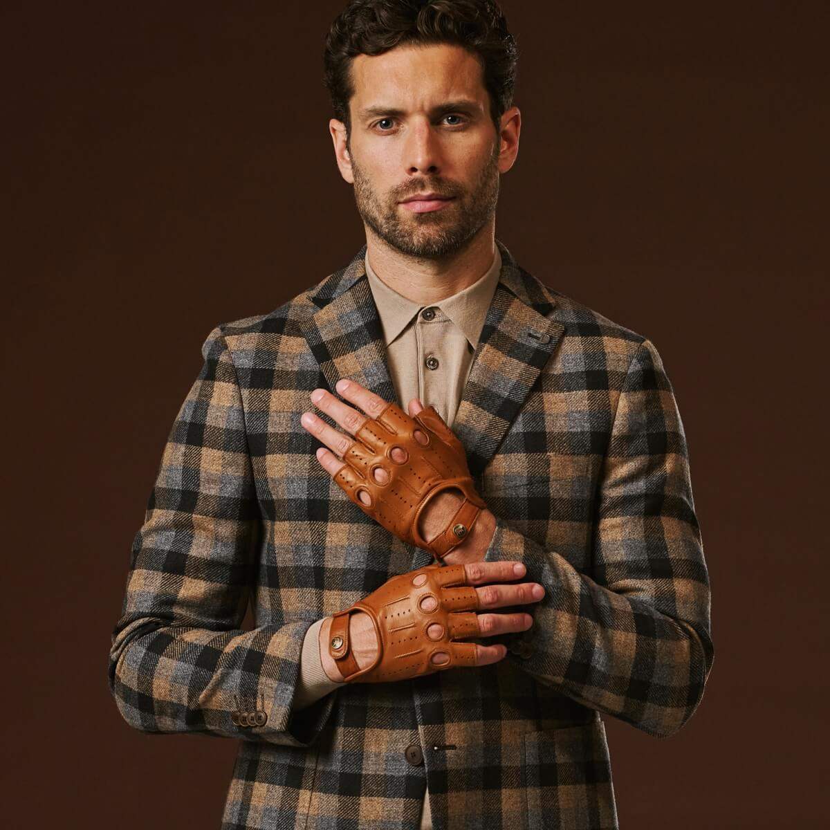 Giuseppe (cognac) - Italian lambskin fingerless leather driving gloves - Leather Gloves Online - Flyclothing LLC