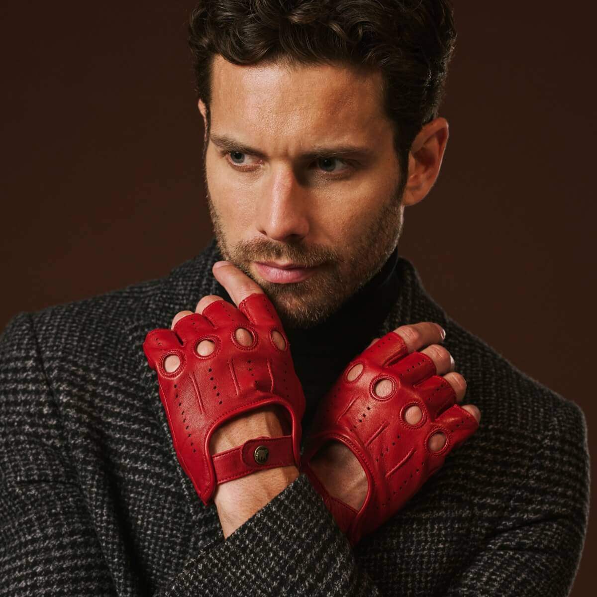 Giuseppe (red) - Italian lambskin fingerless leather driving gloves